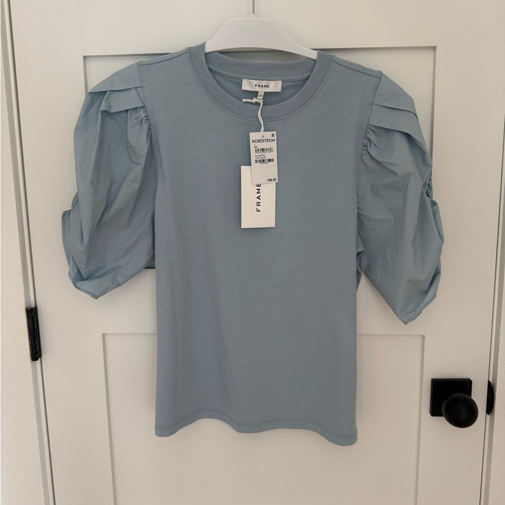 FRAME Light Blue Pleated Puff Sleeve Tee